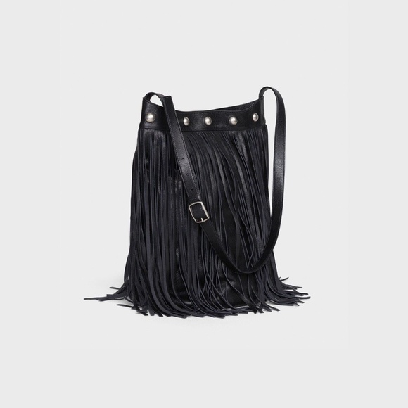 CELINE by Hedi Slimane RARE Fringe Black Bucket Bag in Studded Lambskin Leather! - Picture 2 of 13